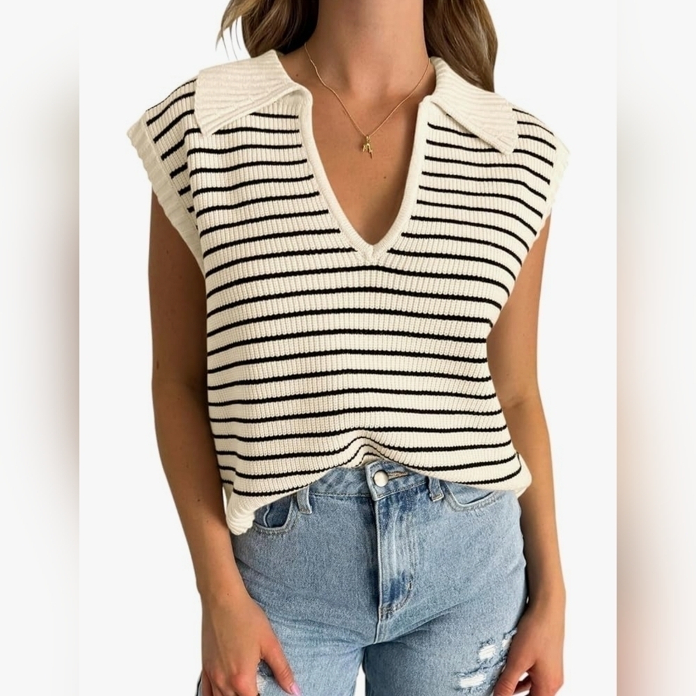 Women's V-Neck Cap Sleeve Oversized Collared Sleeveless Striped Sweater Vest